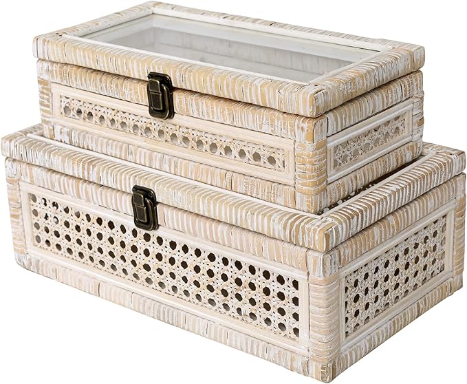 Rattan and Cane Stacking Boxes with Glass Top Lid - Set of 2 11.8" and 14.1", for Boho and Rustic Farmhouse Decor, White Wash
