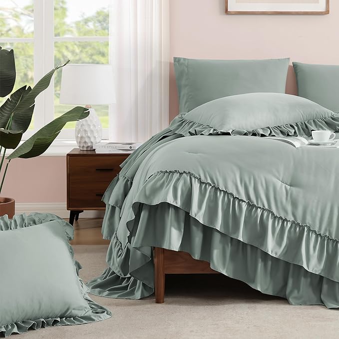 King Size Comforter Set Sage Green, Ruffle Shabby Chic Bedding Set Farmhouse 7 Pieces, All Season Fluffy Bed in a Bag with Sheets, Pillowcases & Shams