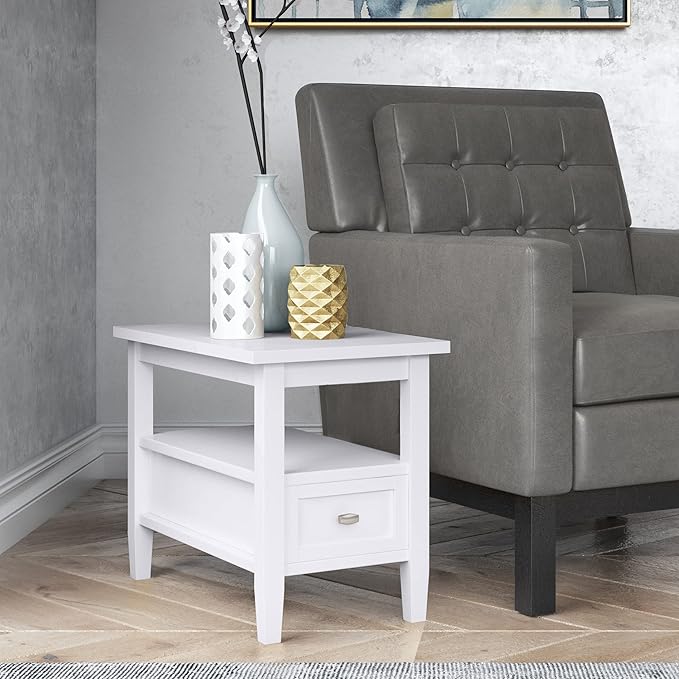SIMPLIHOME Warm Shaker End Table - 14 inch Wide Solid Wood Narrow Side Table in White, Transitional Accent Table for Living Room or Bedroom with Drawer, Open Shelf and Square Tapered Legs