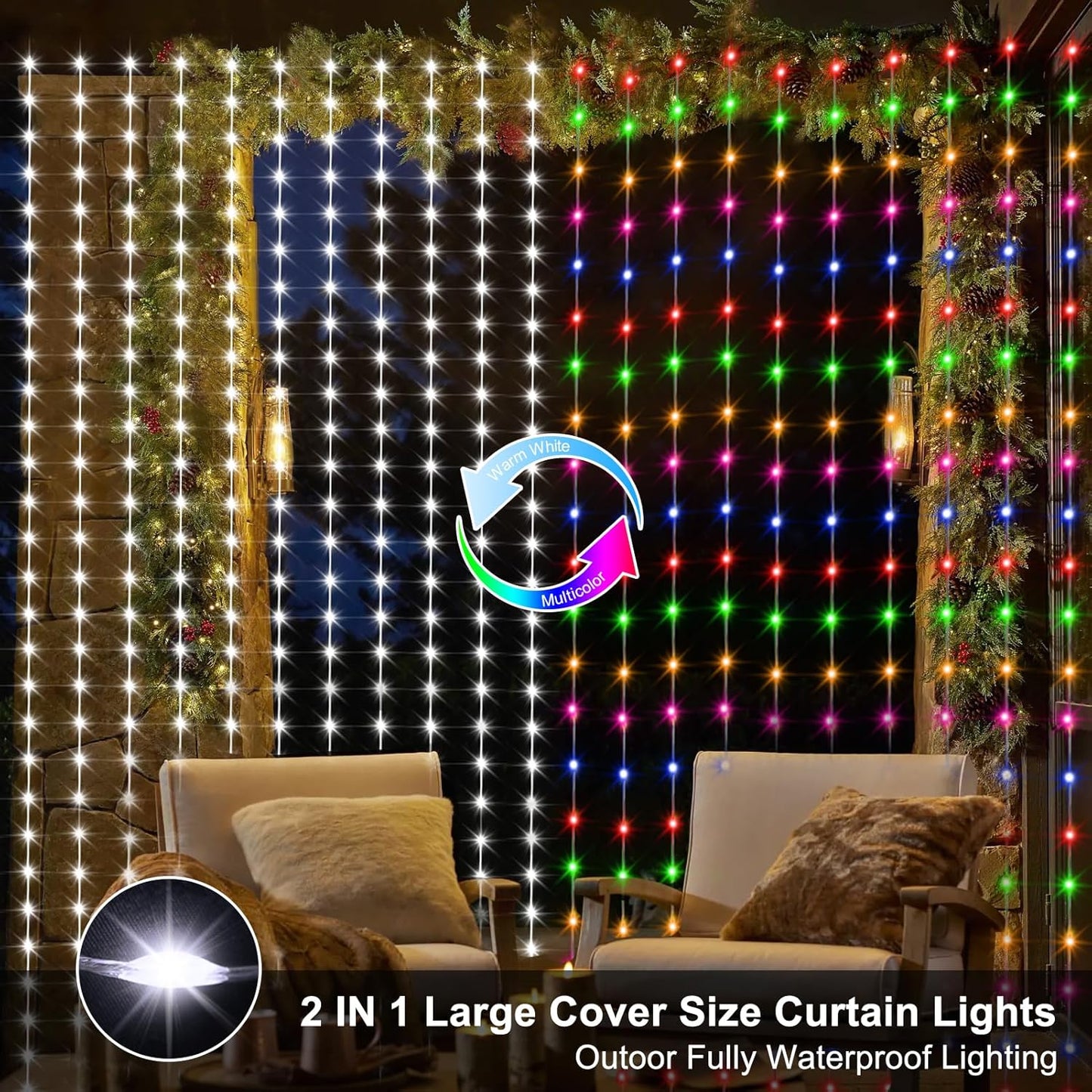 echosari 20Ft x 10Ft Large Curtain Lights Plug in, 600 LED Dual Color Changing Outdoor Curtain Lights Waterproof Connectable with Remote for Wedding Backdrop Yard Decor (Cool White & Multicolor)