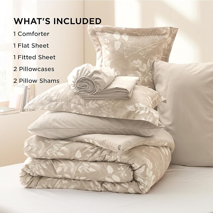 Bedsure Queen Comforter Set - 7 Pieces Floral Beige Soft Bedding Sets, Queen Bed in a Bag with Botanical Flowers Comforter, Sheets, Pillowcases & Shams