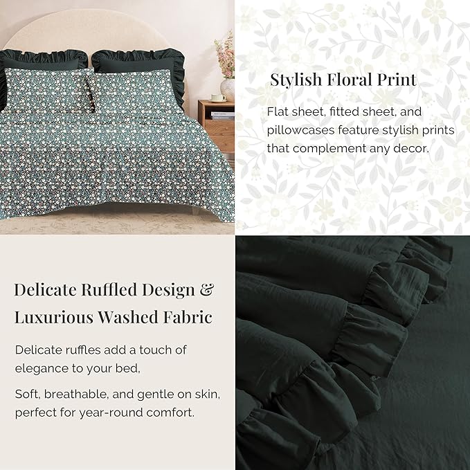 Queen Comforter Set - 7 Pieces Ruffle Forest Green Bedding Sets, Shabby Chic Farmhouse Bed in a Bag with Ruffle Comforter, Floral Sheets, Pillowcases & Shams