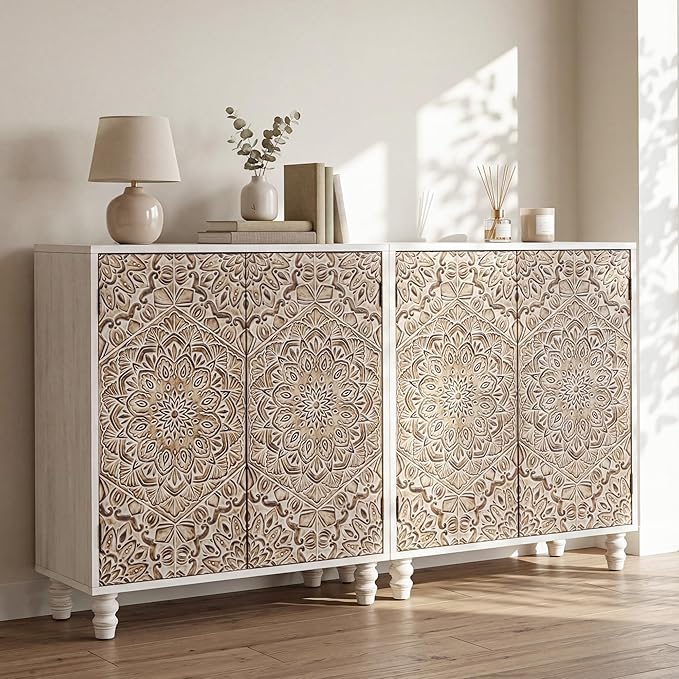 COSIEST Set of 2 32" Buffet Sideboard Cabinets with Vintage Firework Carved Pinewood Doors, Push-to-Open, Storage Accent Cabinet for Living Room, Kitchen, Hallway, Gray