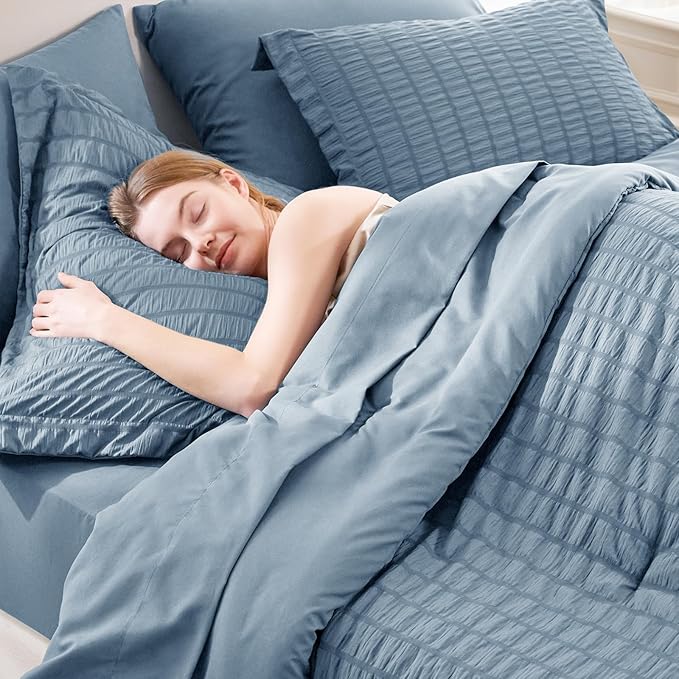 CozyLux Grayish Blue Queen Comforter Set Seersucker 7 Pieces Dusty Blue Bed in a Bag Queen Comforter Set with Sheets, Luxury Bedding Set with Down Alternative Comforter, Sheets, Pillowcases & Shams