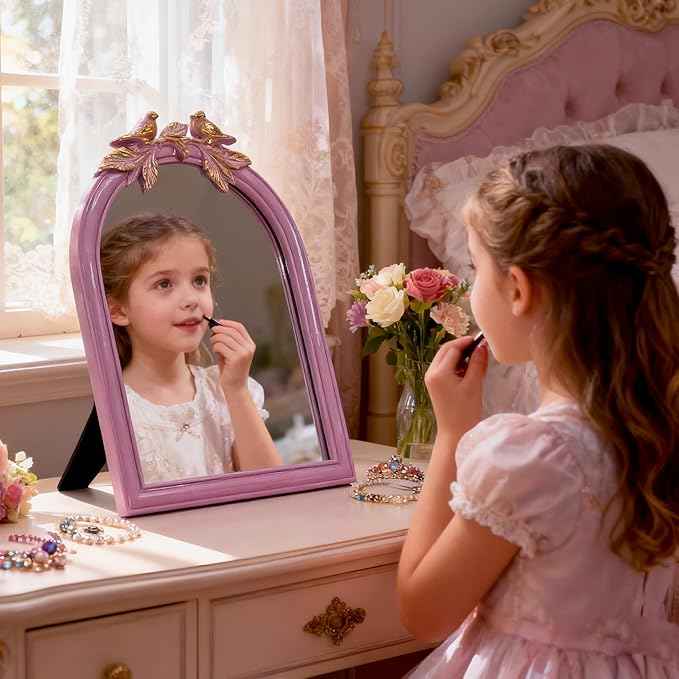 Pink Bird Bow Mirror - 13x10 Inch Perfect Elegant Decorative Accent, Wall-Mounted Tabletop Makeup Mirror for Nursery Baby Room Bedroom Decor