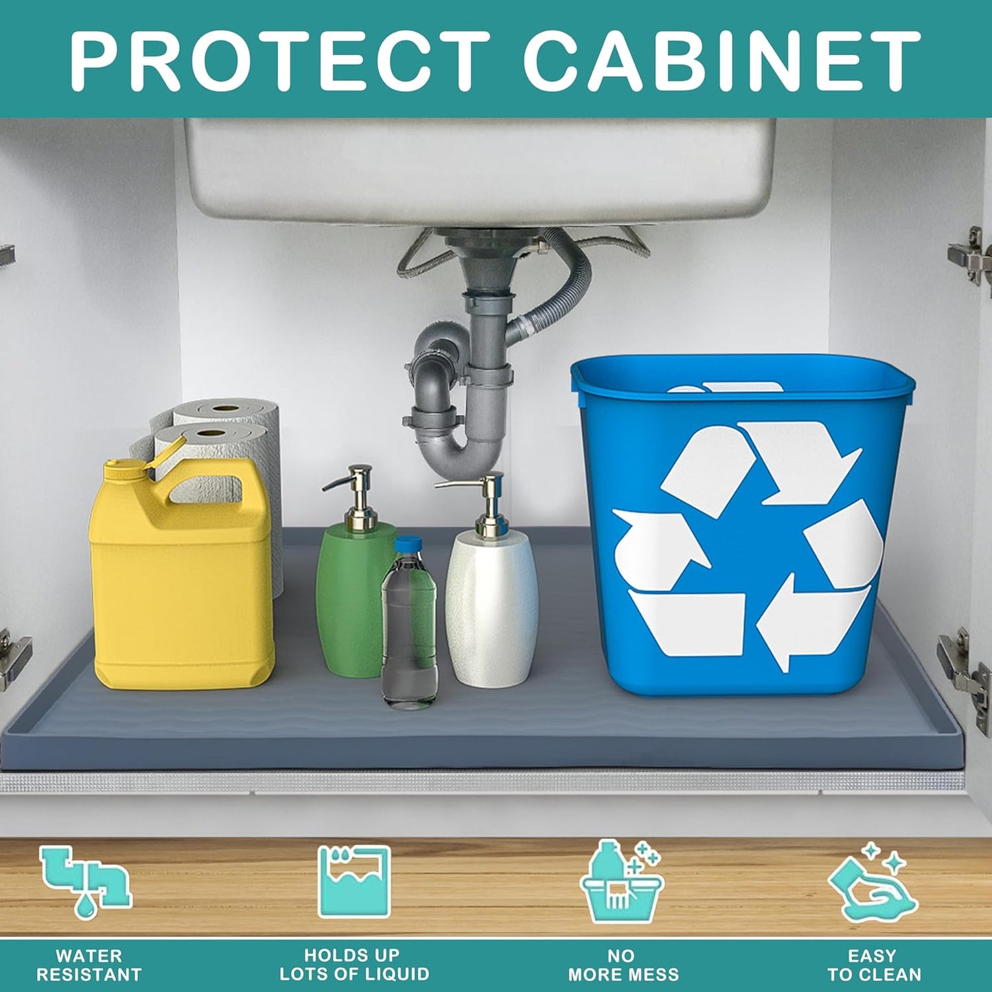 URMONA Waterproof Silicone Under Sink Mat 19'' x 12'' Shelf Liner for Kitchen and Bathroom, Cabinet and Counter Protector, Storage and Organizers, Litter Mat, Pet Cat Puppy Essentials(Cream)