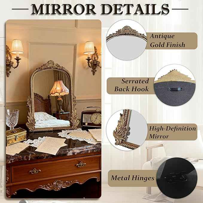 Baroque Champagne Gold Vintage Vanity Mirror 13x10 Inch, Wall-Mounted & Tabletop Dual-Use, Ornate Gold Accent Retro Decorative Mirror for Bedroom Dresser, Bathroom, Living Room and Dorm