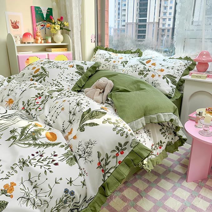 Queen Comforter Set Green Floral Comforter Queen Size Cute Flower Plants Botanical Comforter Romantic Girls Ruffle Lace Bedding Set Comfy Fluffy Soft Cottagecore Comforter Set with 2 Pillowcases