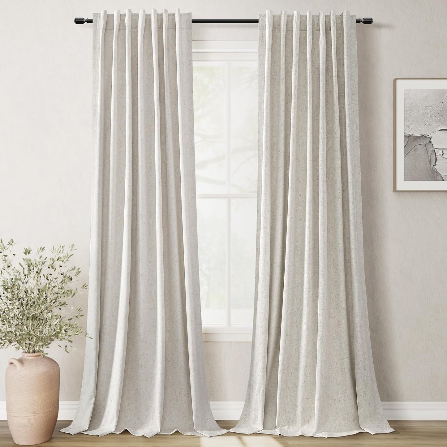100 Inch Blackout Curtains 2 Panels Set Back Tab Thermal Insulated Natural Linen Textured Black Out Curtains Noise Reducing Cream Colored Neutral Living Room Darkening Window Drapes Pleated 52x100