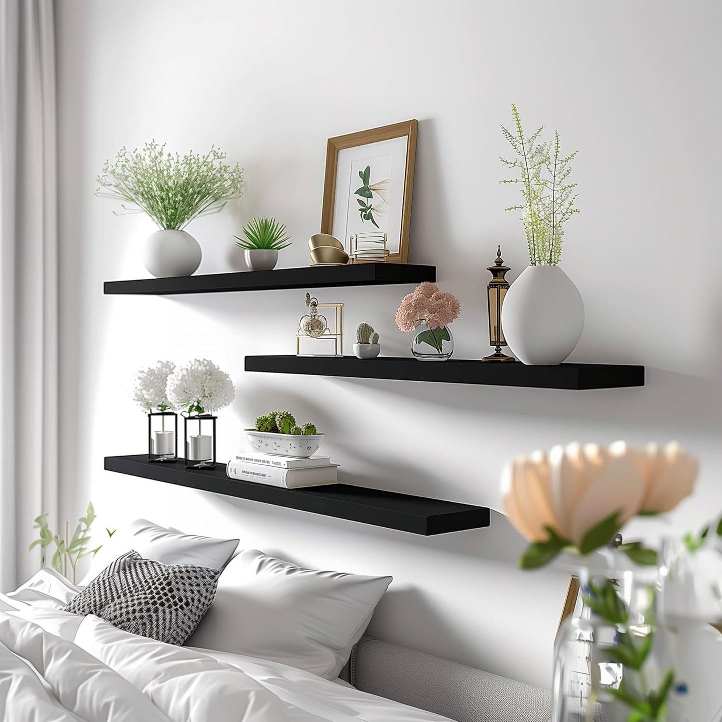 Wood Floating Shelves for Wall Decor, Rustic Wall Shelves for Bedroom Bathroom Kitchen Living Room, Set of 4 Black 36 Inch - Décor Diaries
