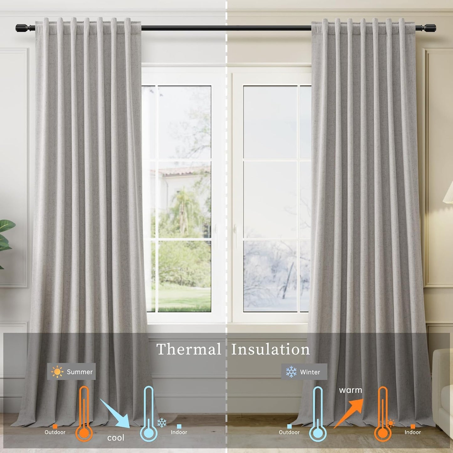 Silver Gray Linen 100% Blackout Curtains for Bedroom 102 Inch Long 2 Panels Window Curtain Floor To Ceiling Length for Living Room Sliding Glass Door Back Tab Linen Room Darkening Drapes 52x102