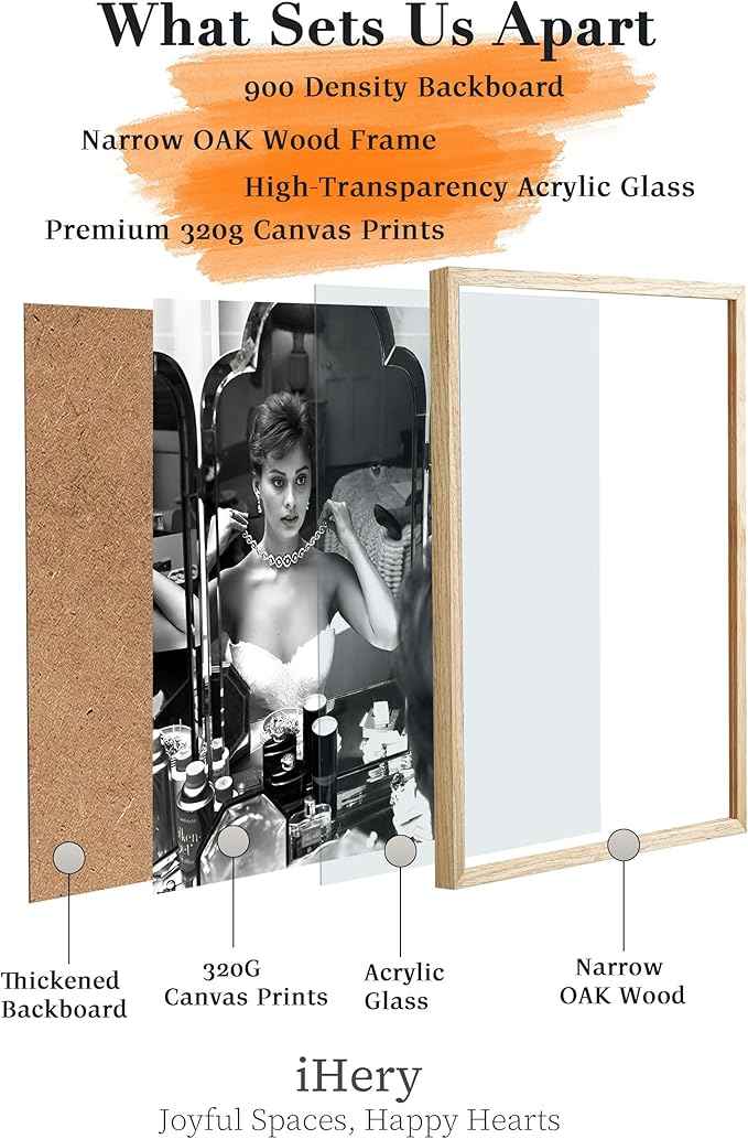 iHery Natural Wood Framed Woman Makeup Vintage Black White Fashion Wall Art,12x16in OAK Frame Photography Retro Poster for Bedroom Living Room Set of 1