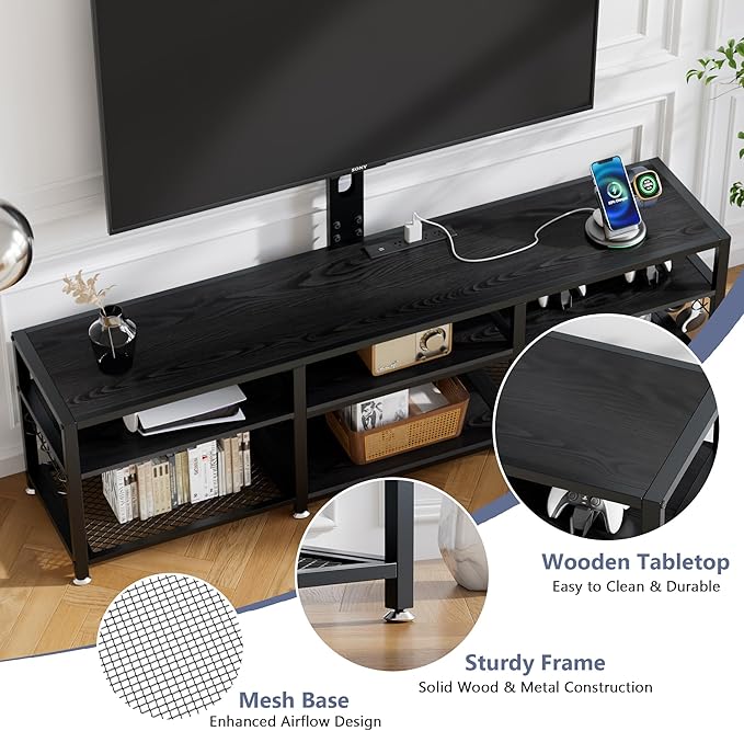 VECELO TV Stand with Mount and Power Outlets, Entertainment Center for 55/60/65/70/75 inch TVs, Height Adjustable Media Console with Storage Shelves, for Living Room, Bedroom, Black