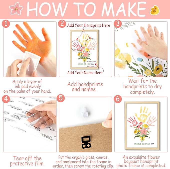 QOUBAI Flower Bouquet Handprint Art Craft DIY Kit Mother's Day Gifts from Daughter or Son Children Adults Handprint Keepsake for Mom Grandma Birthday Gifts Christmas (12X16in, with Wood Frame)