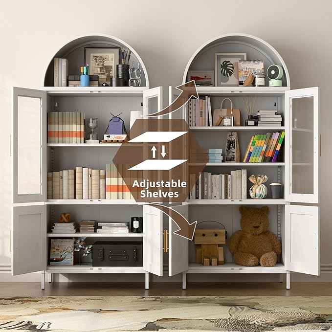 Metal White Arched Pantry Cabinet with 4 Doors,Arched Bookcase Cabinet with 2 Adjustable Shelves for Kitchen Home Office,Required Assembly