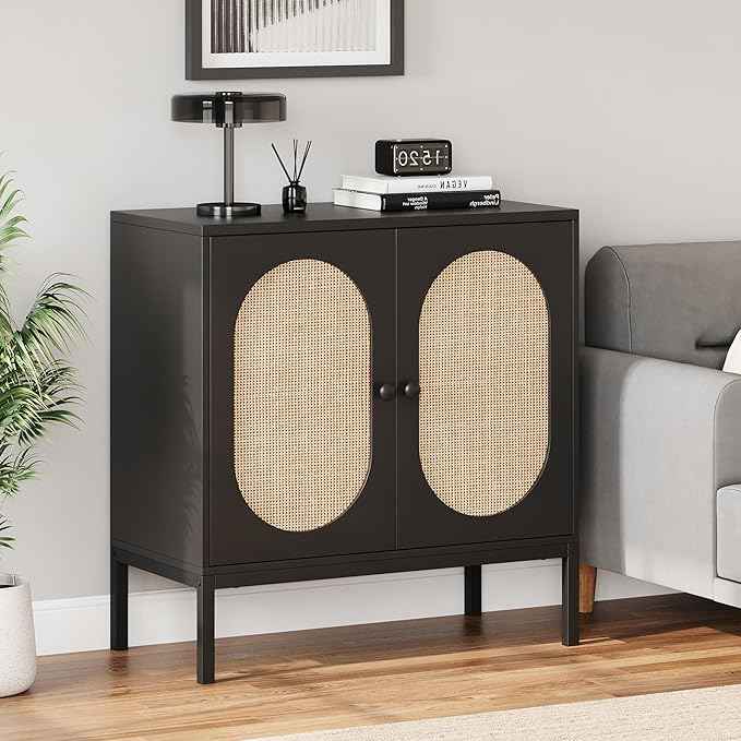 IDEALHOUSE Rattan Buffet Cabinet with Doors and Shelves, Black Console Cabinet for Living Room, Dining Room, Hallway