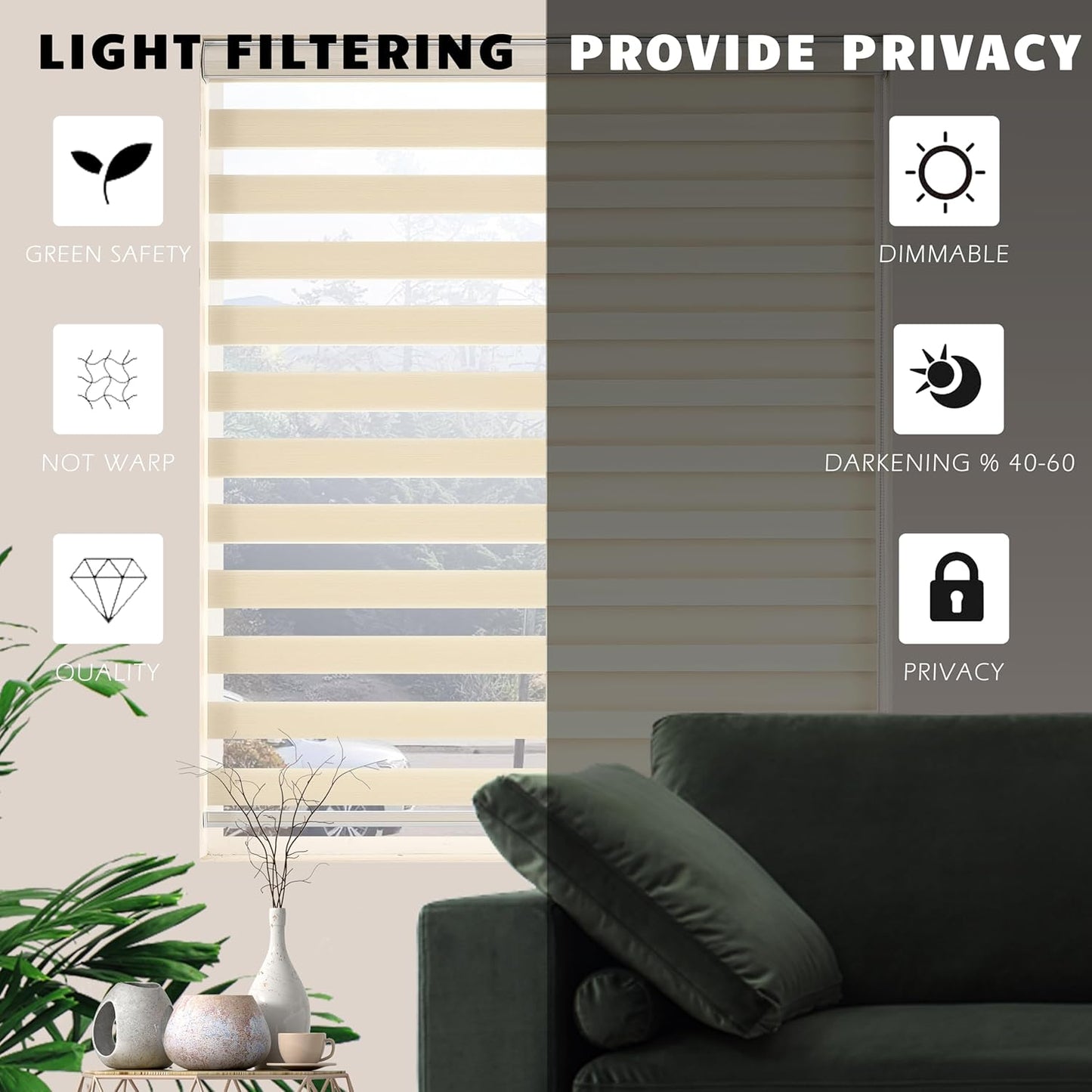 Zebra Blinds for Windows, Free-Stop Zebra Shades, Dual Layer Light Filtering Sheer Blinds for Indoor Windows, Roller Window Shades for Privacy, Easy Installation(31" W X 72" H, Cream)