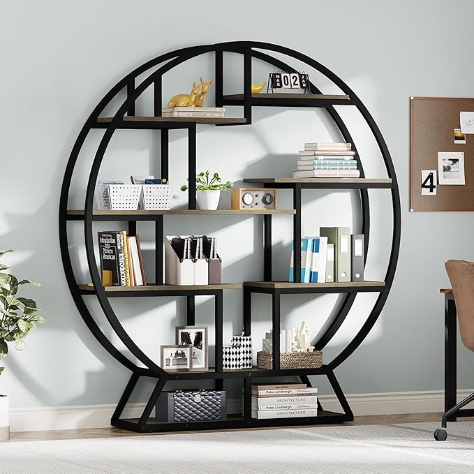 Tribesigns Bookshelf, Round Bookshelves Etagere Bookcase, 63 Inch Industrial Wood Book Shelf with Staggered Shelves, Open Shelving Organizer Rack Display Shelf for Home Office, Living Room, Grey