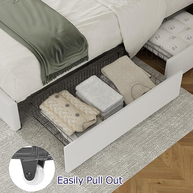 VECELO King Size Bed Frame with 4 Storage Drawers, Adjustable Height Headboard, Heavy-Duty Bedframe with Strong Wooden Slats, No Box Spring Needed, Pure White