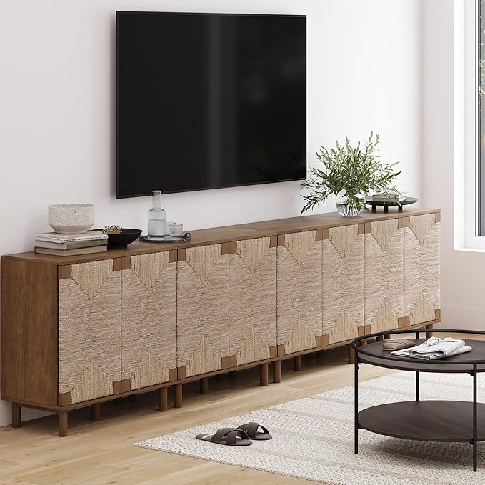 Nathan James Beacon Boho Accent Cabinet with Doors, TV Stand with Adjustable Interior Shelf and Seagrass Accent, Dark Brown, Set of 4