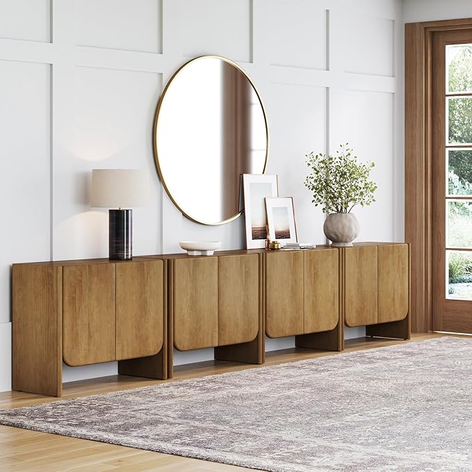 Nathan James Jacala Mid Century Modern Entryway Storage Cabinet with Doors, Living Room Accent Cabinet with Wood Frame, Light Brown Set of 4