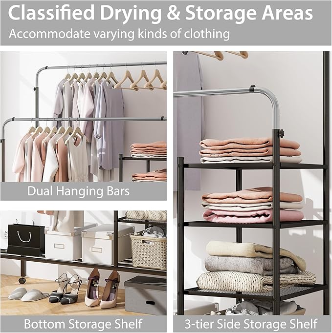 Tangkula Rolling Double Rods Garment Rack, Clothes Drying Rack with Height Adjustable Hanging Bars, Storage Shelves & Lockable Wheels, Heavy-duty Steel Clothing Rack for Indoor & Outdoor Use (Silver)