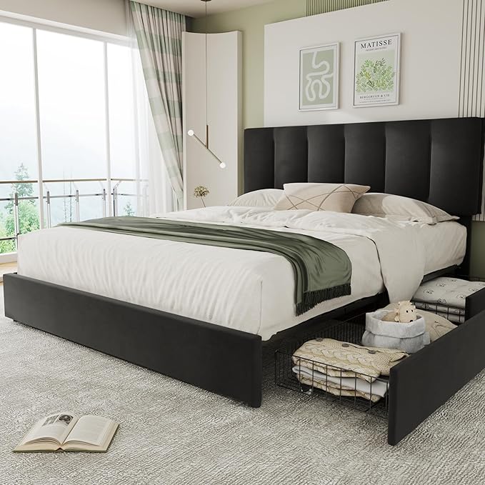 VECELO King Size Bed Frame with 4 Storage Drawers, Adjustable Height Headboard, Heavy-Duty Bedframe with Strong Wooden Slats, No Box Spring Needed, Black
