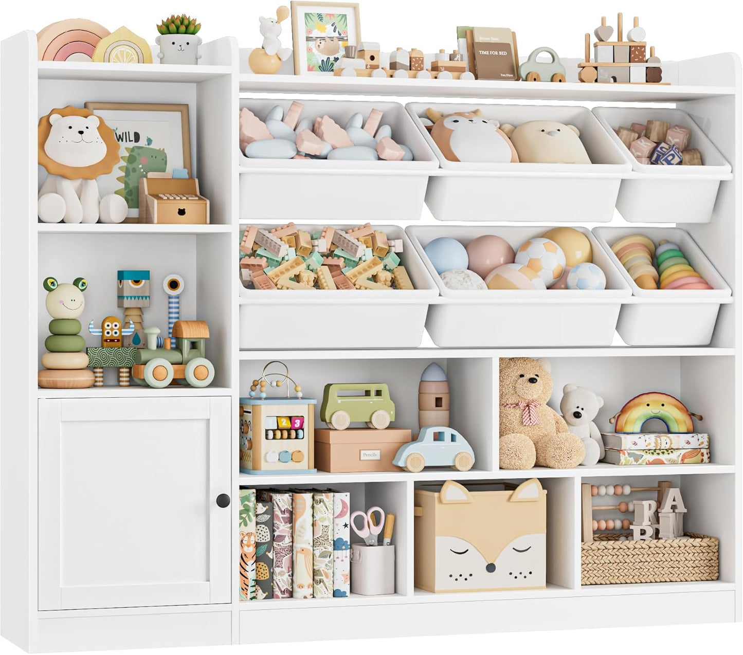 Toy Storage Organizer, 55” Wide Toy Organizers and Storage with 8 Storage Cubbies & 6 Toy Bins, Large Toy Box with Bookshelf, Playroom Storage for Playroom, White
