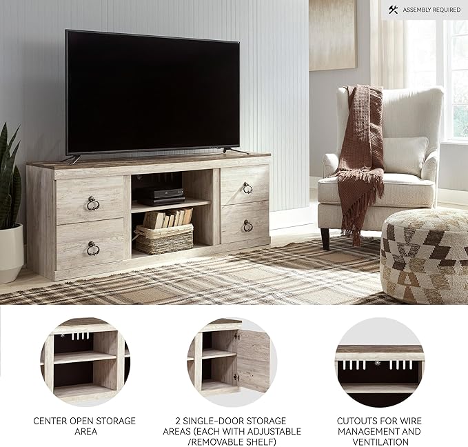 Signature Design by Ashley Willowton Shabby Chic Large TV Stand up to 60" with 3 Shelves and Fireplace Option, White