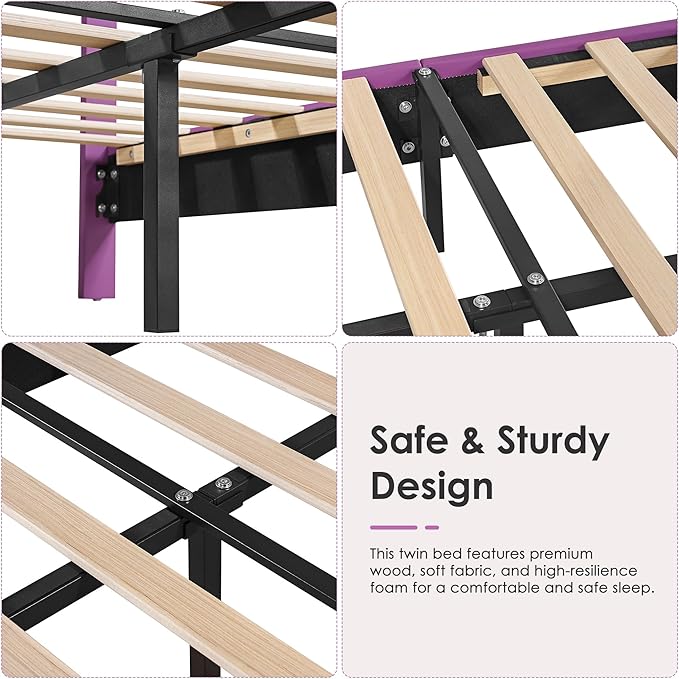 VECELO Twin Size Bed Frame with Storage Drawers, Leather Upholstered with Diamond Tufted Headboard, Solid Wood Slat Support, No Box Spring Needed, PU & Purple