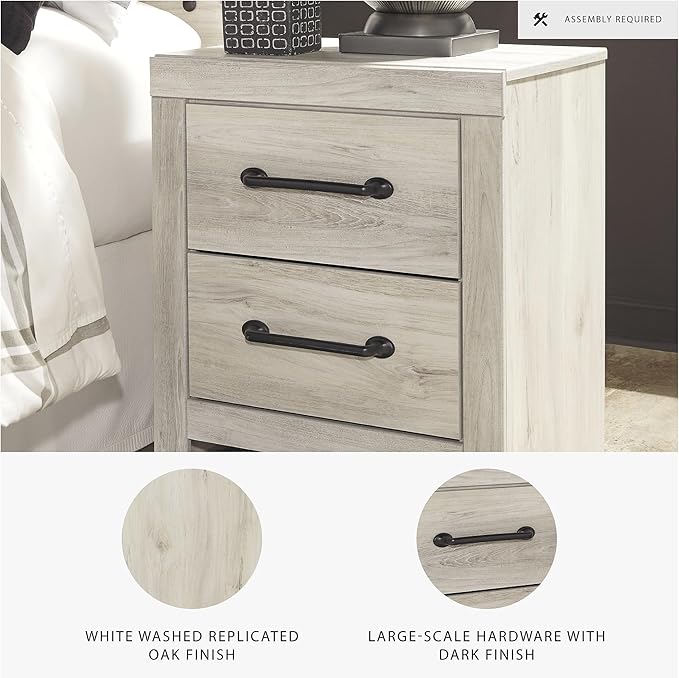 Signature Design by Ashley Cambeck Farmhouse Industrial 2 Drawer Two Drawer Nightstand with 2 Slim-Profile USB Charging Stations, 24.37" Tall, Whitewash