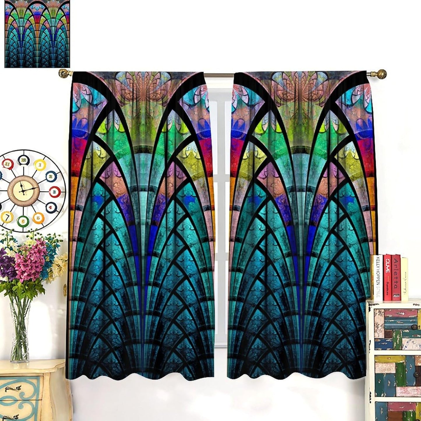 Stained Glass Curtains,Retro Design Style Colorful Abstract Art Home Decor Drapes for Bedroom Living Room Kitchen Window Treatment 2 Panels Set Total Size 55" W X 63" L Inch
