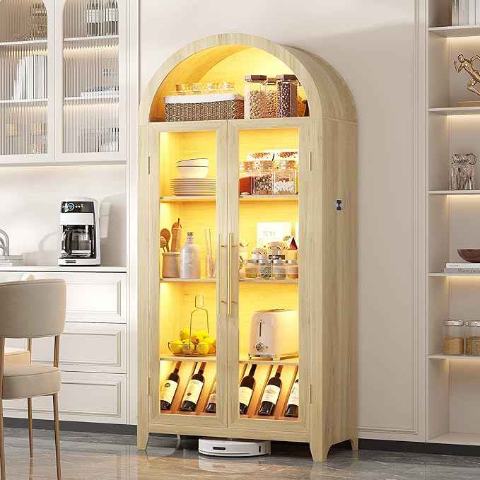 Vlsrka 71" Arched Storage Cabinet with Doors, Display Cabinet with LED Light & Human Sensor, 5-Tier Display Cases for Collectibles, Curio Cabinet with Ajustable Shelf for Living Room