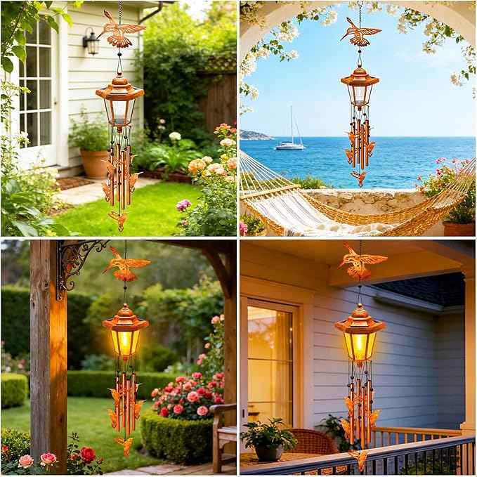 Hummingbird Solar Wind Chimes for Outside, Birthday Gifts for Mom Women Grandma Mother's Day Memorial, 34-Inch Windchimes with Wind Spinner, Outdoor Hanging Solar Lights Waterproof Yard Garden Decor