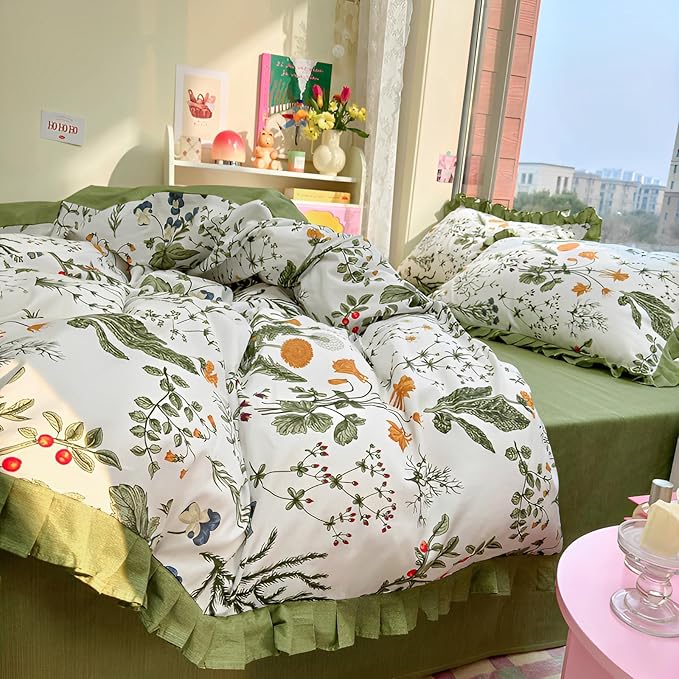 Queen Comforter Set Green Floral Comforter Queen Size Cute Flower Plants Botanical Comforter Romantic Girls Ruffle Lace Bedding Set Comfy Fluffy Soft Cottagecore Comforter Set with 2 Pillowcases