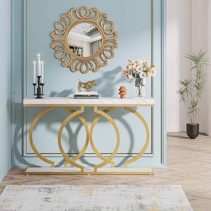 Tribesigns Gold Console Table, 55 inch Modern Entryway Table with Geometric Metal Frame, Faux Marble Narrow Long Sofa Table for Living Room, Entrance, Hallway, White and Gold