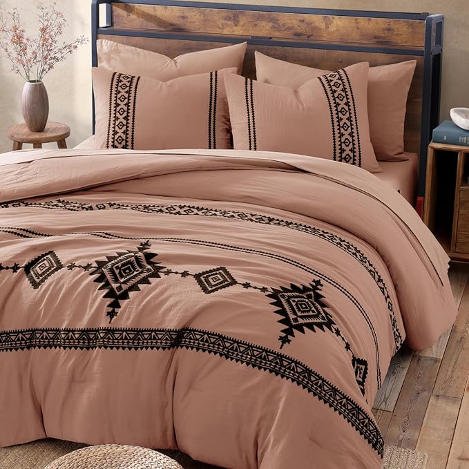 MaiRêve Embroidery Comforter Set, Boho Farmhouse Western Bedding Set, All Season Bed in A Bag Comforter Set with Sheets, Pillowcases & Shams, Dusty Pink King 7 Pieces