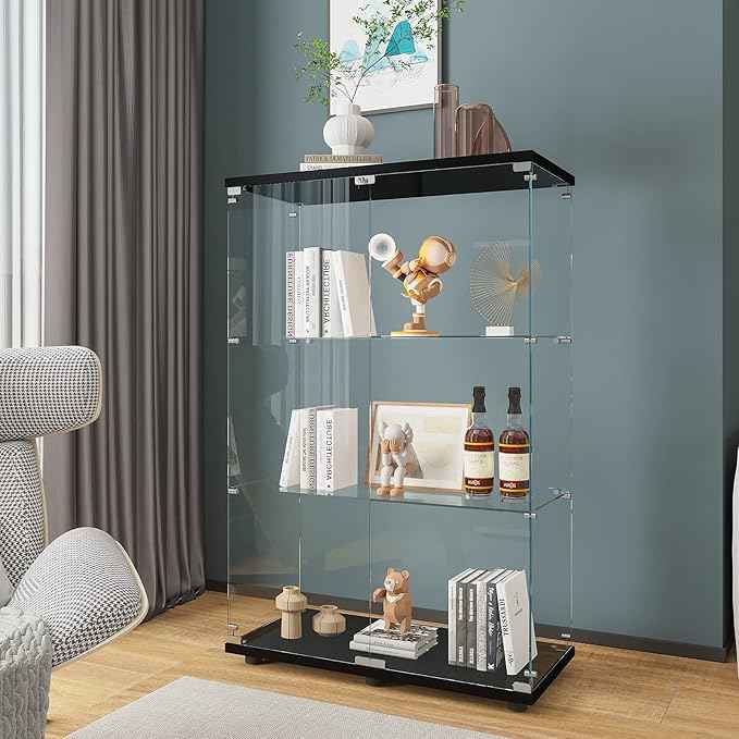 Beauty4U 2 Doors Glass Display Cabinet with 3 Shelves, Curio Cabinets for Living Room, Bedroom, Office, Black Floor Standing Glass Bookshelf, Quick Installation