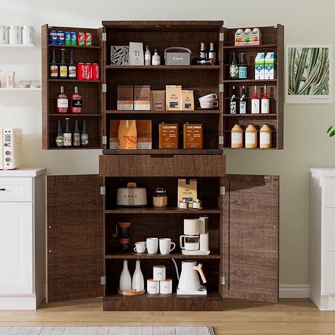 72" Kitchen Pantry Storage Cabinet with Doors and Shelves, Wood Farmhouse Pantry Storage with Barn Doors for Kitchen, Dining Room, Living Room, Dark Brown