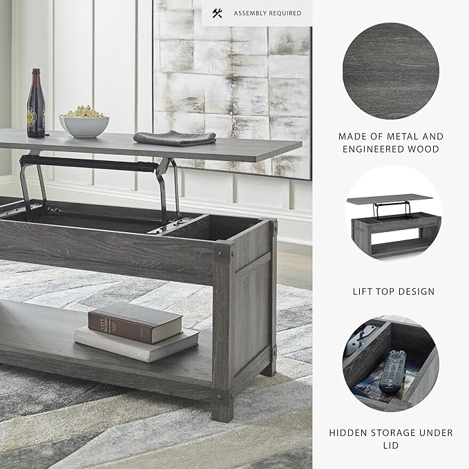 Signature Design by Ashley Freedan Rustic Farmhouse Lift Top Coffee Table, Gray