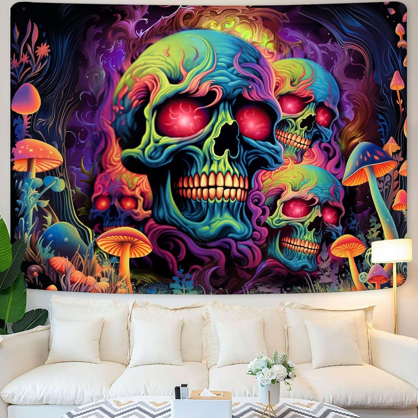 Xiaoput Skull Blacklight Tapestry, UV Reactive Skeleton for Bedroom, Halloween Wall Decor, Aesthetic Living Room Dorm 80x60IN