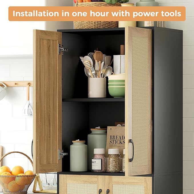 JASIWAY Kitchen Pantry Cabinet, 67" Tall Rattan Storage Cabinet with Doors and Adjustable Shelves, Wooden Linen Pantry Cupboard for Small Spaces Laundry Room Bathroom, Food Snack Towels Storage, Black
