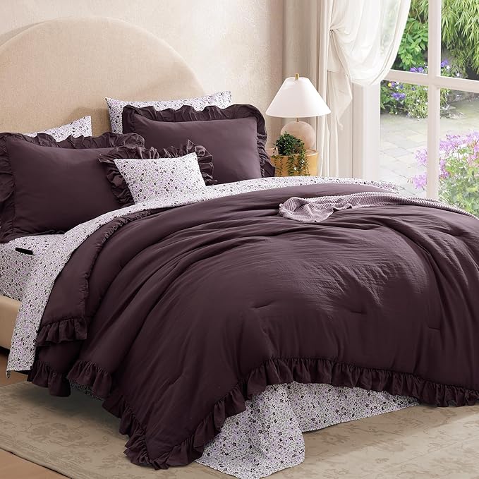 Oversized Queen Comforter Set - 7 Pieces Ruffle Dark Purple Bedding Sets, Shabby Chic Farmhouse Bed in a Bag with Ruffle Comforter, Floral Sheets, Pillowcases & Shams