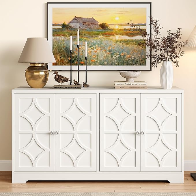 RoyalCraft Sideboard Buffet Cabinet with Storage, 56" Modern Sideboard with 4 Carved Doors and Adjustable Shelves, Large Wood Coffee Bar Console Table for Kitchen, Dining Room, Satin White