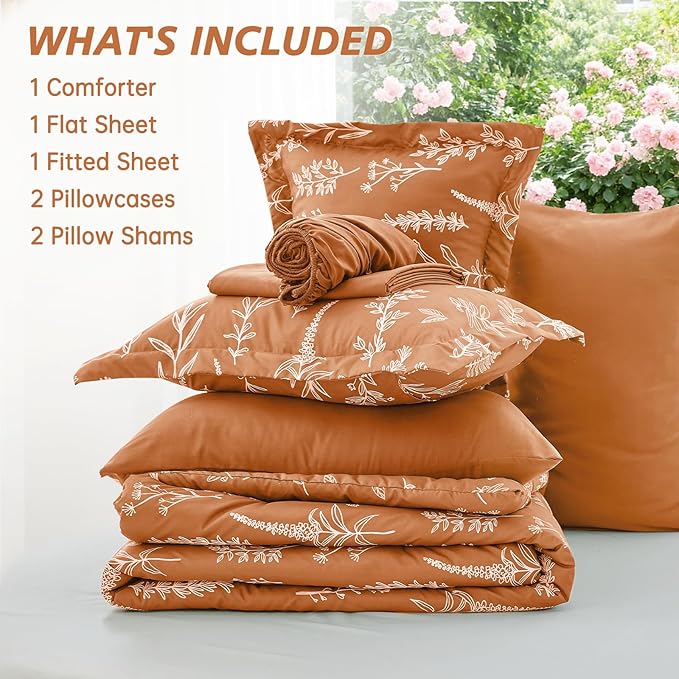 MUXHOMO Burnt Orange Bed in a Bag King 7 Pieces, King Comforter Set Reversible Botanical Flowers Design, Ultra Soft & Breathable Bedding Sets with Comforter, Sheets, Pillowcases & Shams