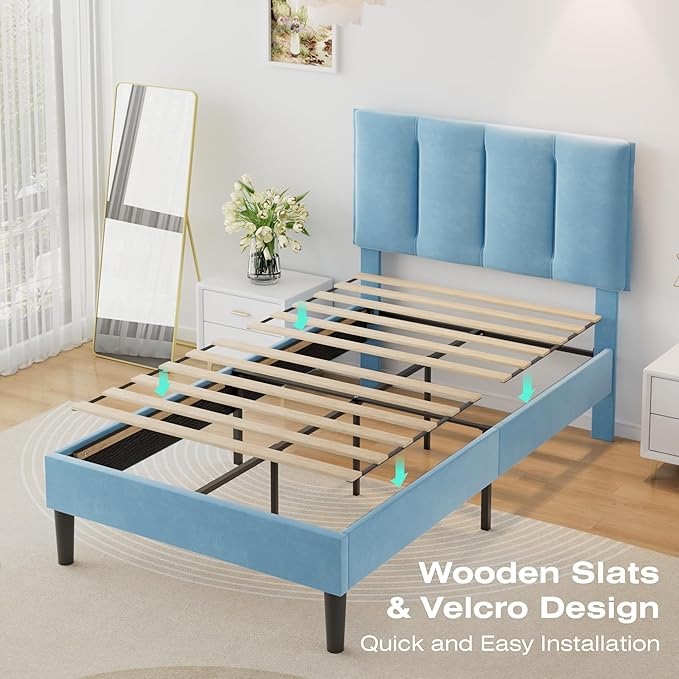 VECELO Twin Size Bed Frame with Upholstered Headboard, Heavy-Duty Bedframe with Wooden Slats & Steel Framework, Easy Assembly, Light Blue