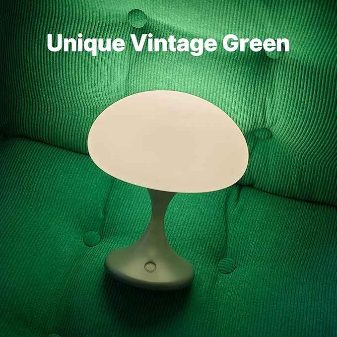 Mushroom Lamp, 5W LED Cordless Rechargeable Table Lamp with Glass Shade, Small Retro Dimmable Touch Light with 3 Color Temps, Aesthetic Mid Century Bedside Light for Bedroom Ambient, Green