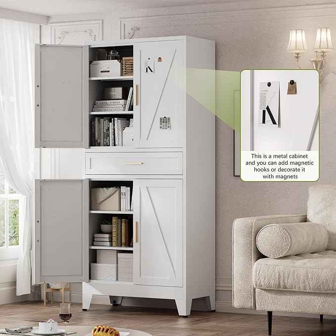 COFaR 71" Tall Kitchen Pantry, Farmhouse Storage Cabinet with Doors and Shelves, Metal Cabinet with Drawers and Legs, for Cupboard/Dining Room/Bathroom/Living Room/Office/Laundry Room (White).