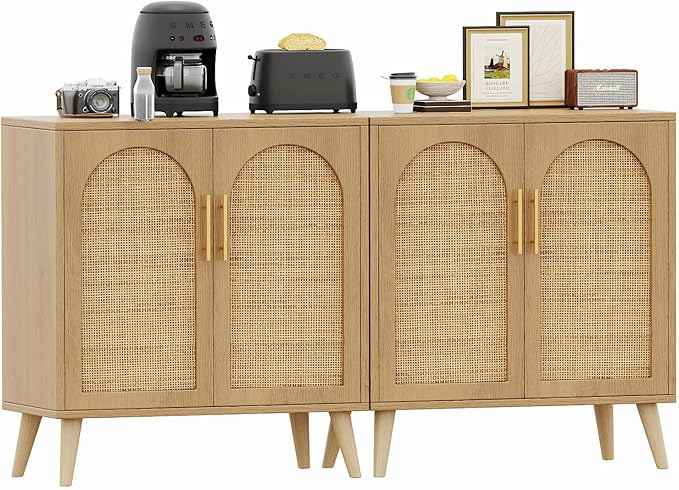 Rovaurx Set of 2 Rattan Storage Cabinet with Doors, Accent Bathroom Floor Cabinet, Modern Sideboard Buffet for Living Room, Entryway, Dining Room and Kitchen, Natural BMGZ108M02 | Set of 2, with Doors