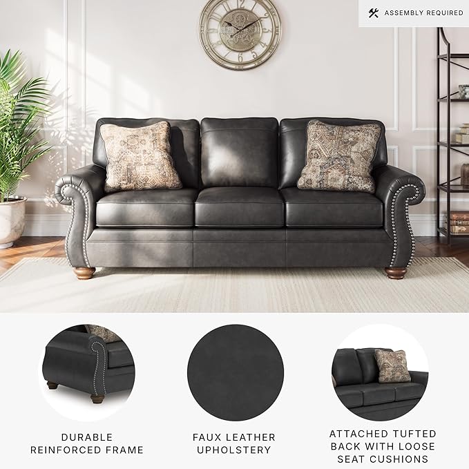 Signature Design by Ashley Shadsburne Rustic Faux Leather Sofa with Nailhead Trim and 2 Chenille Throw Pillows, Pillows With Soft Polyfill, Reinforced Frame For Added Stability, Black